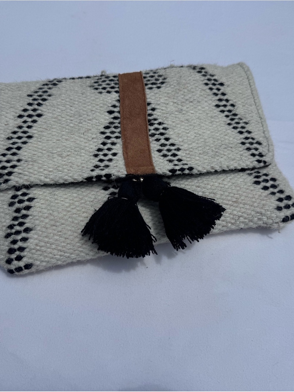 Boho Woven Tassel Clutch Bag in Ivory and Black